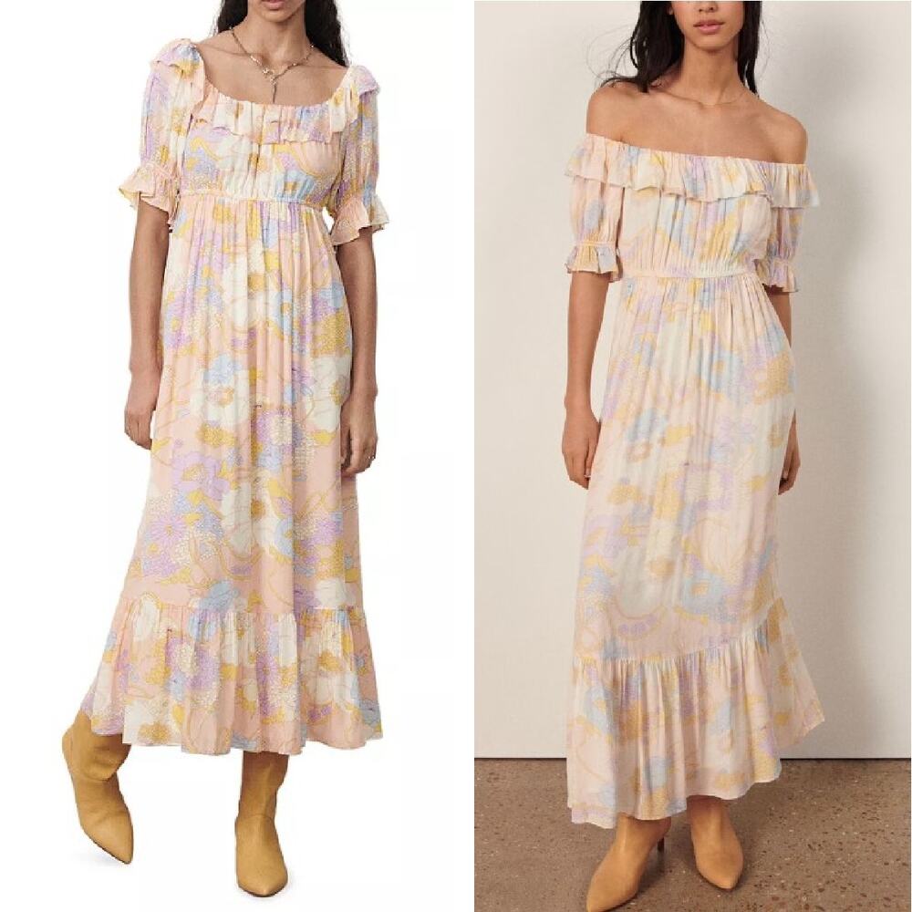 BA&SH Noma Pastel Floral Printed Maxi Dress Size 6 Med Ruffle Cottagecore Boho
